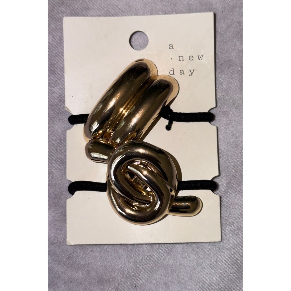 A New Day Gold Tone Knot & Oval Hair Tie Set NWT Black Elastics
